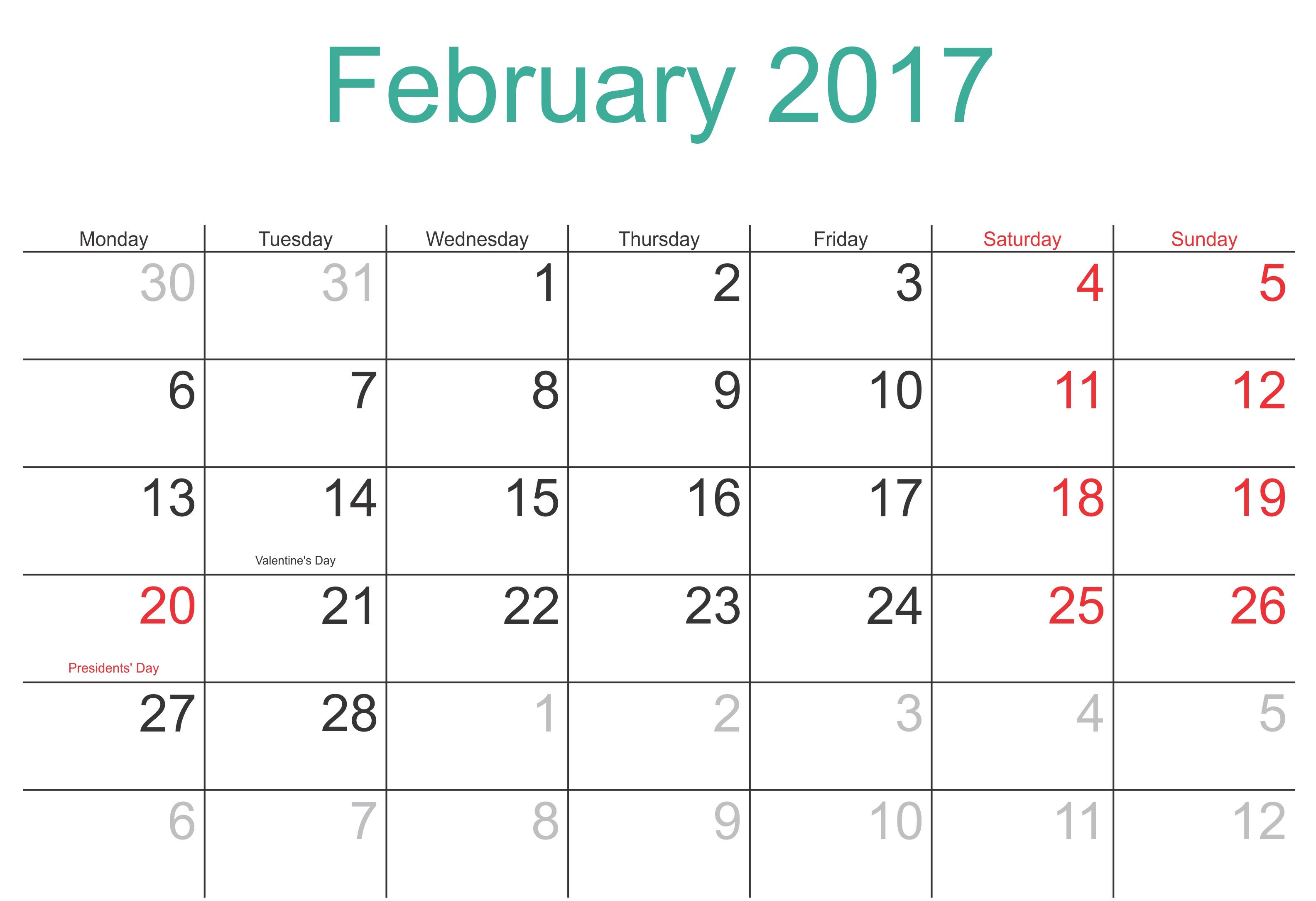 February 2017 Printable Calendar Template, Holidays, Excel & Word