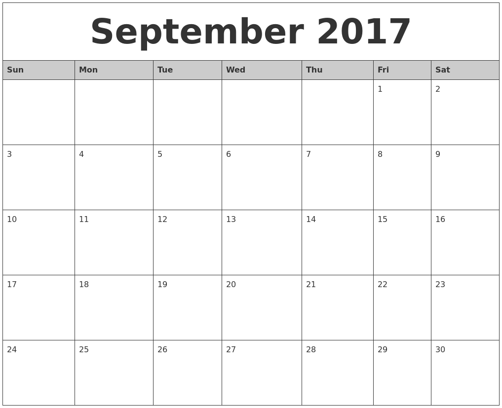 September 2017 Calendar Printable Template