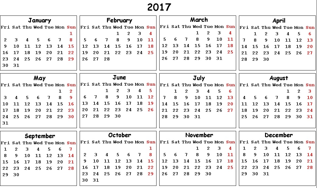 New Year Calendar Printable 2017