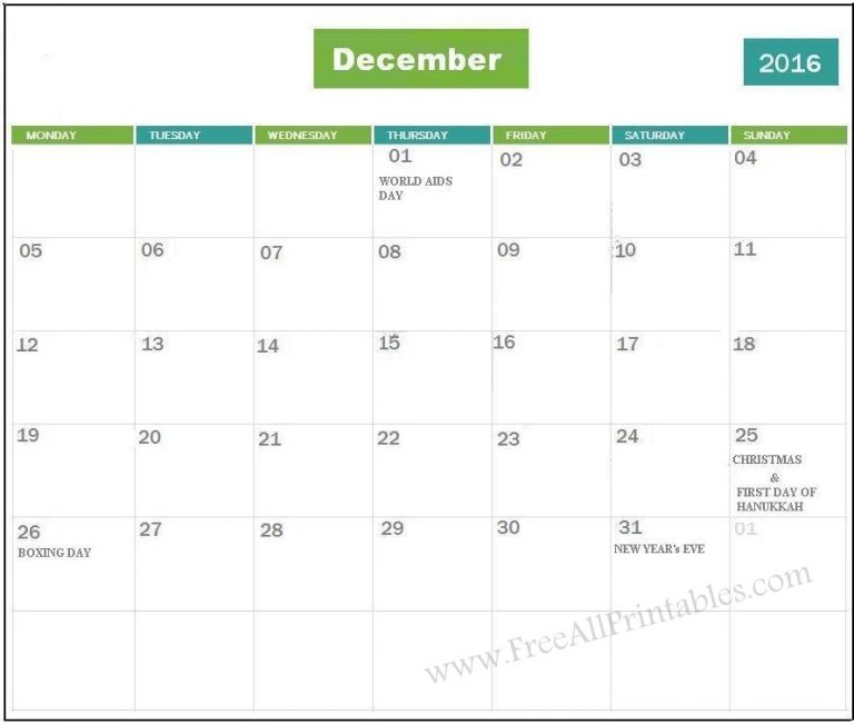 December 2016 Blank Calendar
