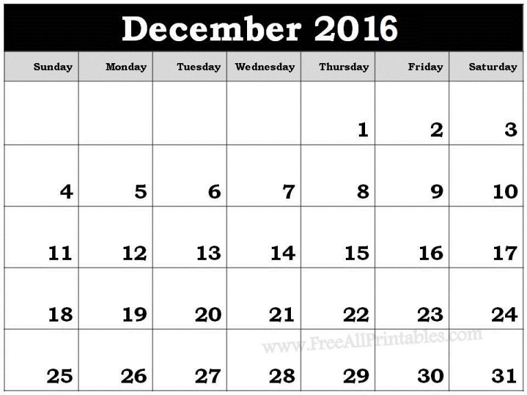 Printable Calendar for December 2016