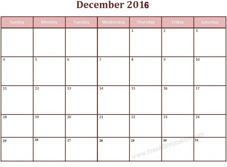 December 2016 Printable Calendar PDF