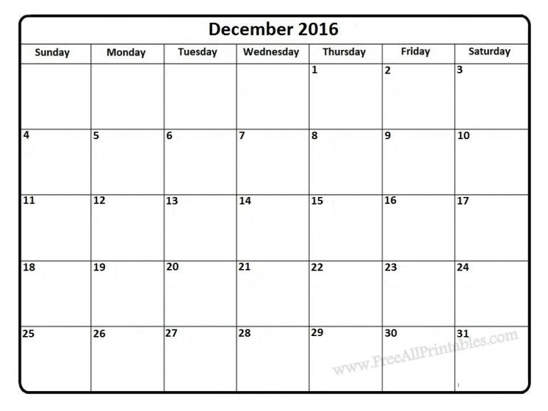 December 2016 Printable Calendar with Holidays