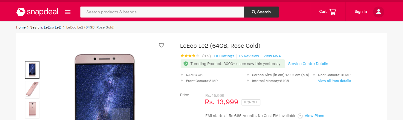 3GB RAM/64GB ROM LeEco Le2 Smartphone available on Snapdeal