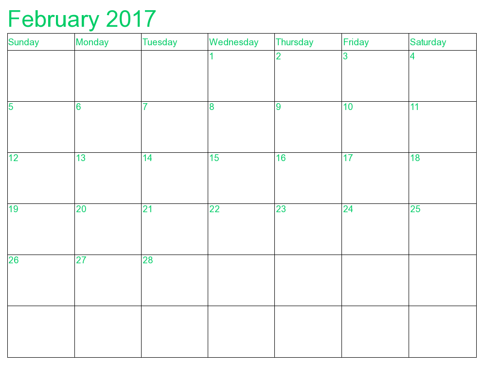 Free Printable February Calendar 2017