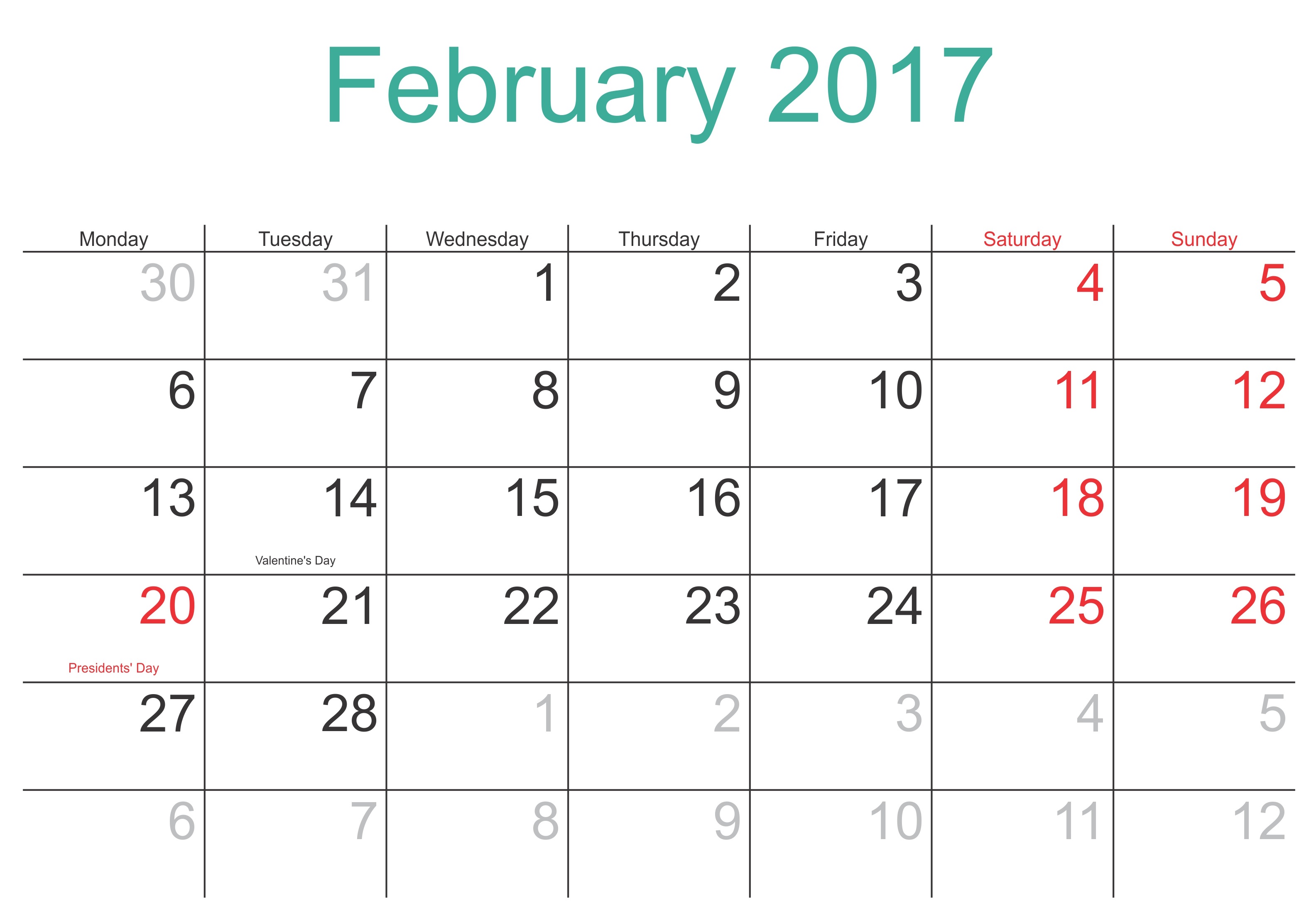 2017 February Printable Blank Calendar