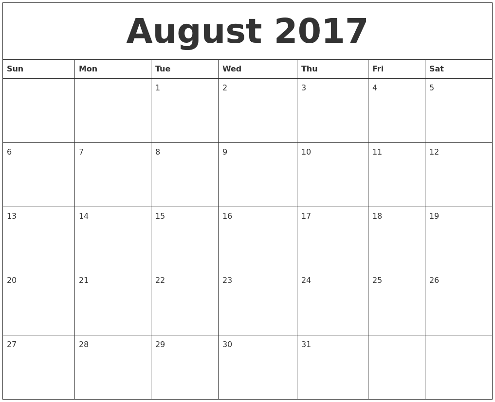 Free Printable August Calendar 2017