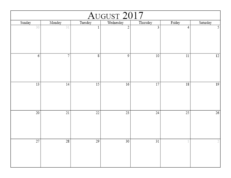 2017 August Printable Blank Calendar