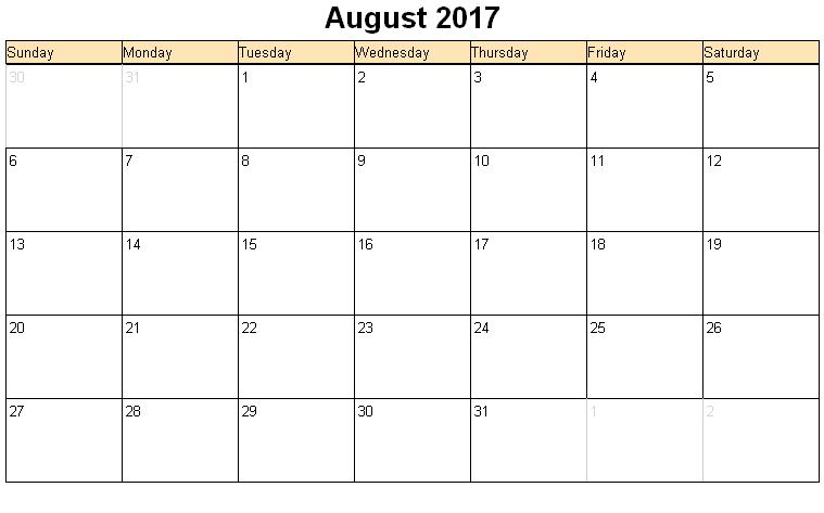 2017 August Printable Calendar with Holidays