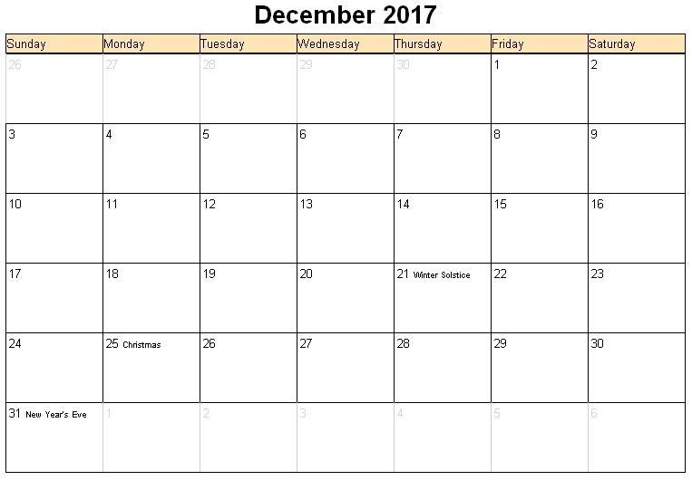December 2017 Printable Calendar Template