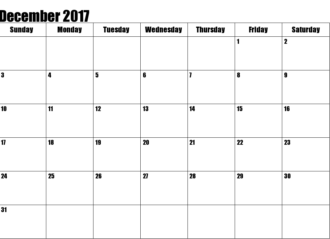 December 2017 Monthly Printable Calendar