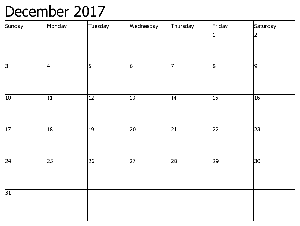 December Calendar Printable 2017