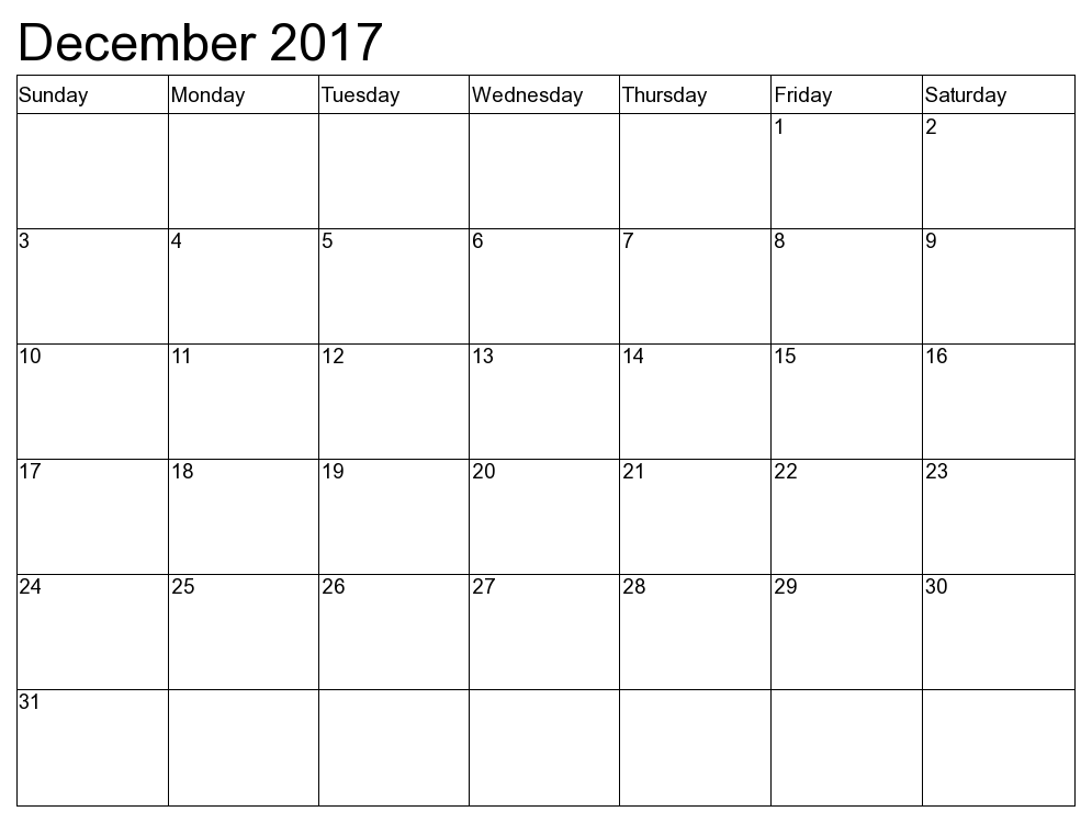 2017 December Printable Blank Calendar