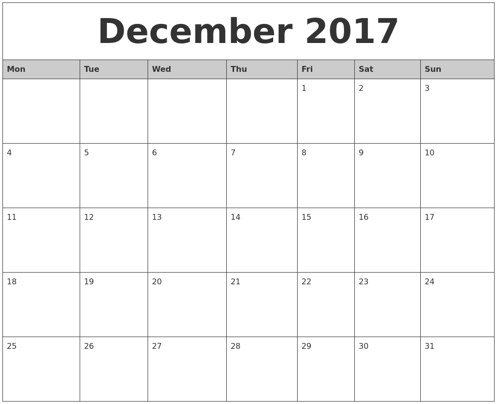 December 2017 Printable Calendar PDF