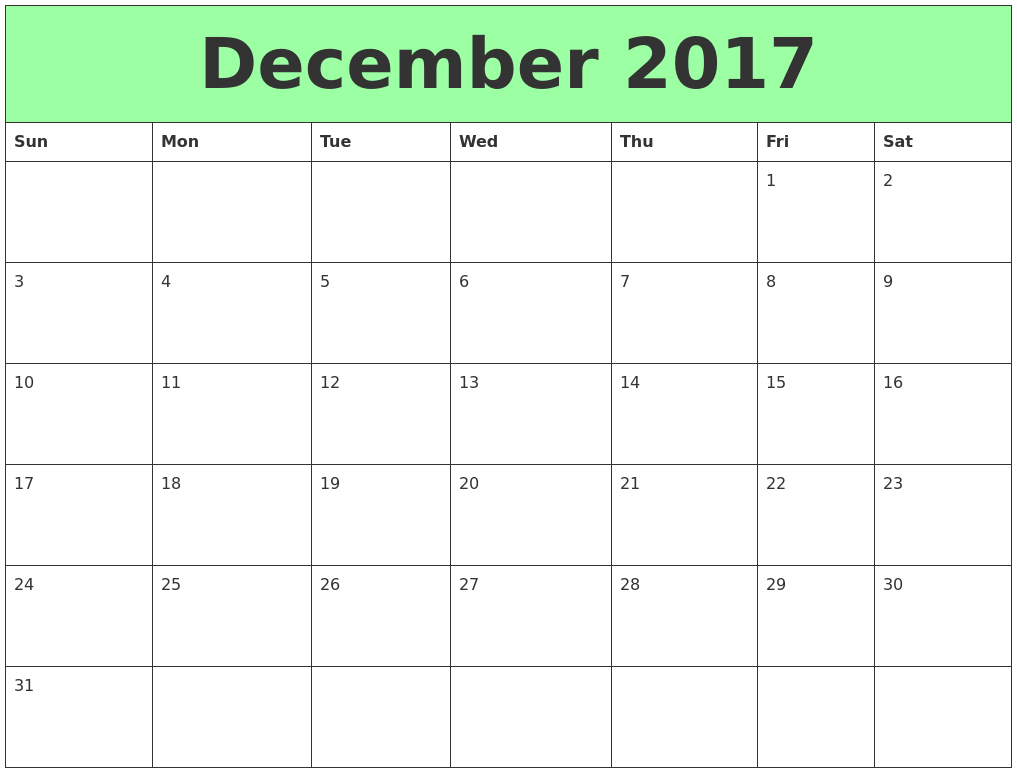 2017 December Printable Calendar with Holidays