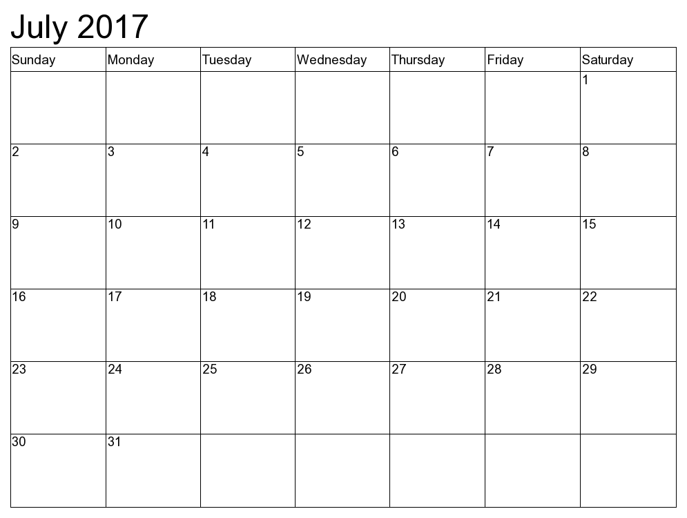 July 2017 Monthly Printable Calendar
