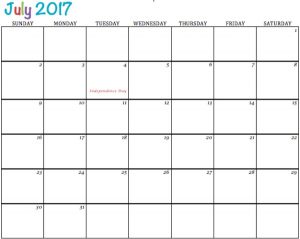 Printable July 2017 Calendar Word