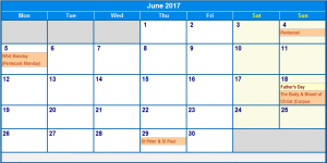 Printable June 2017 Calendar Word