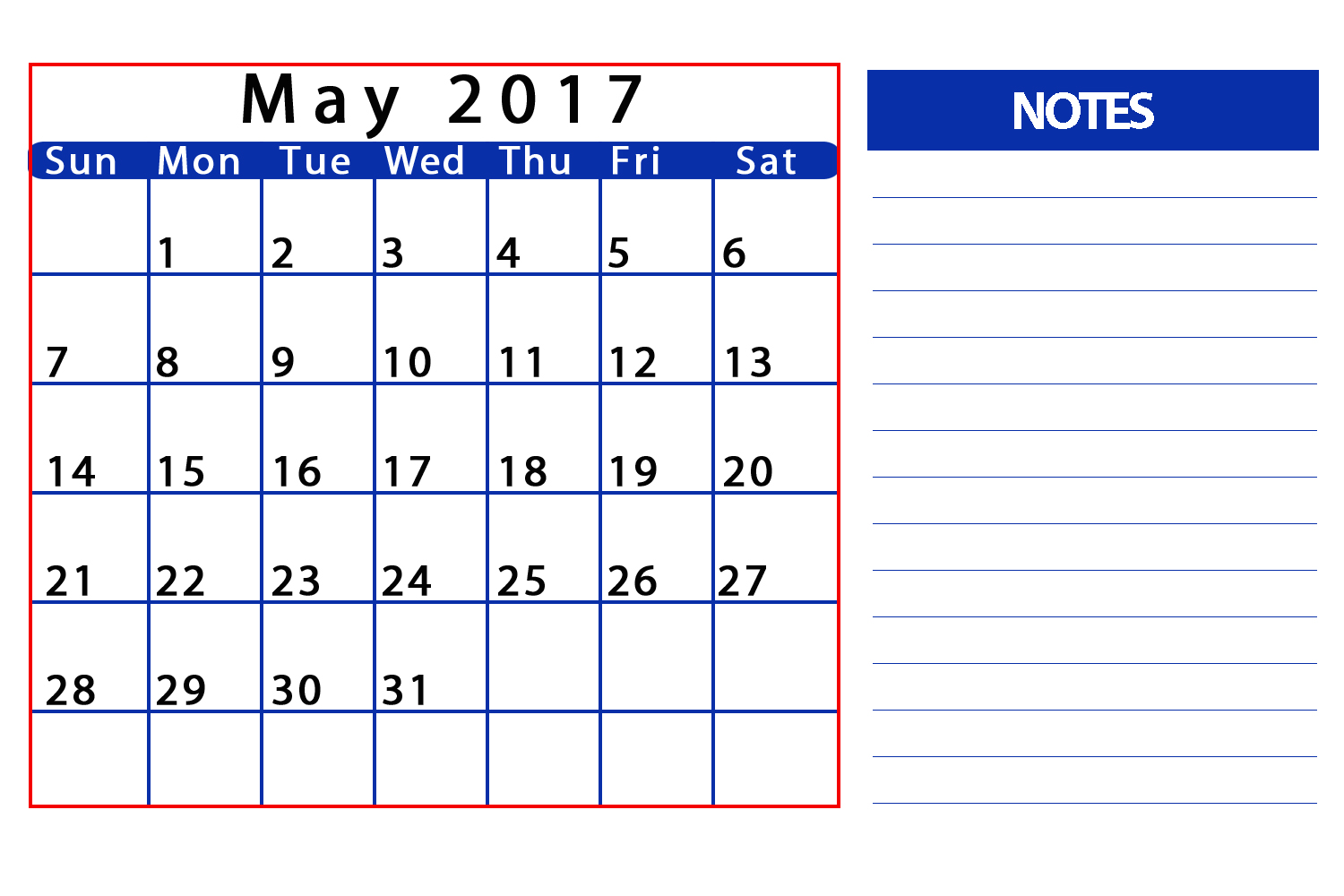 Printable May 2017 Calendar Word