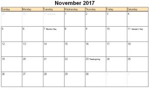 2017 November Printable Blank Calendar