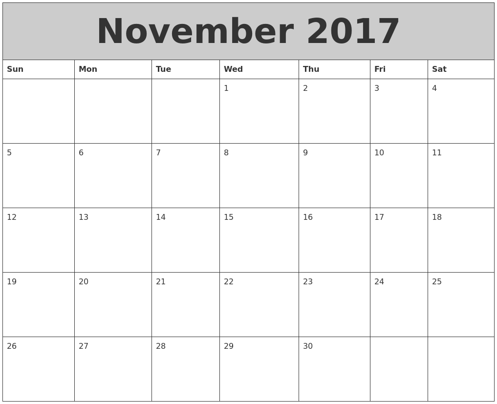 2017 November Printable Calendar with Holidays