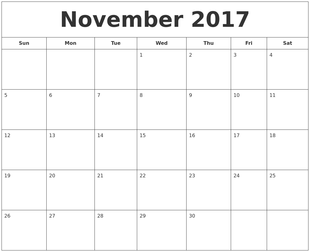 Printable November 2017 Calendar Word
