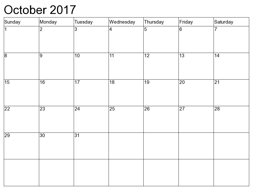 October 2017 Monthly Printable Calendar