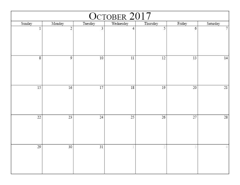 October Calendar Printable 2017