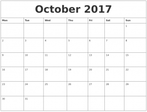 2017 October Printable Calendar with Holidays