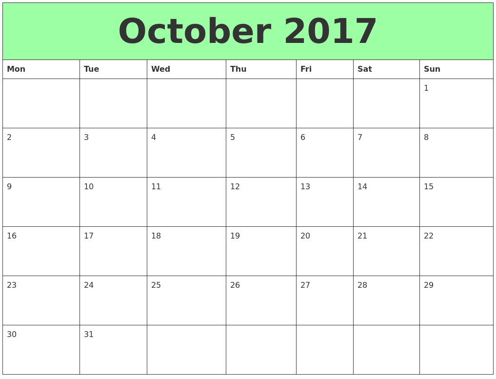 Printable October 2017 Calendar Word