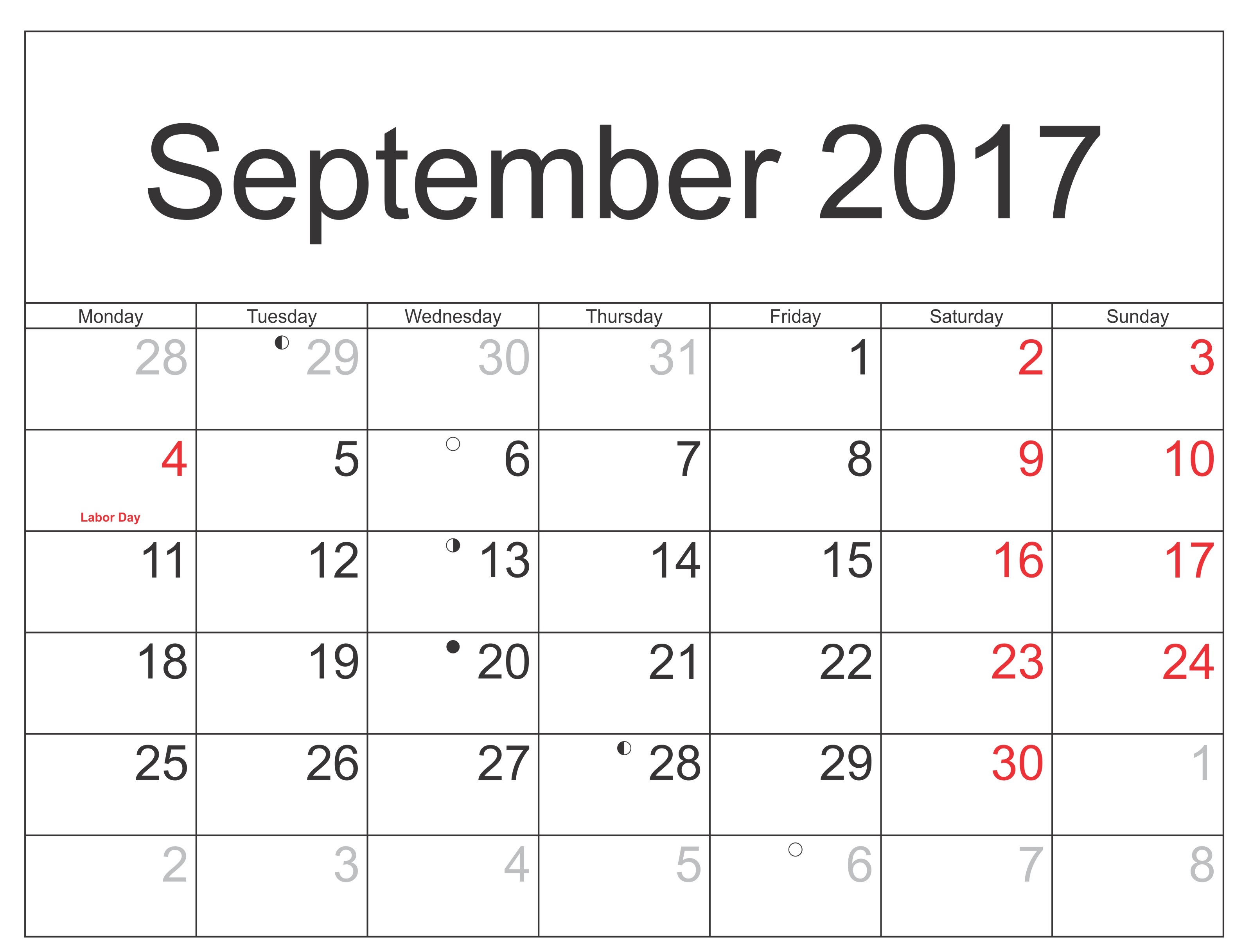 September Calendar Printable 2017