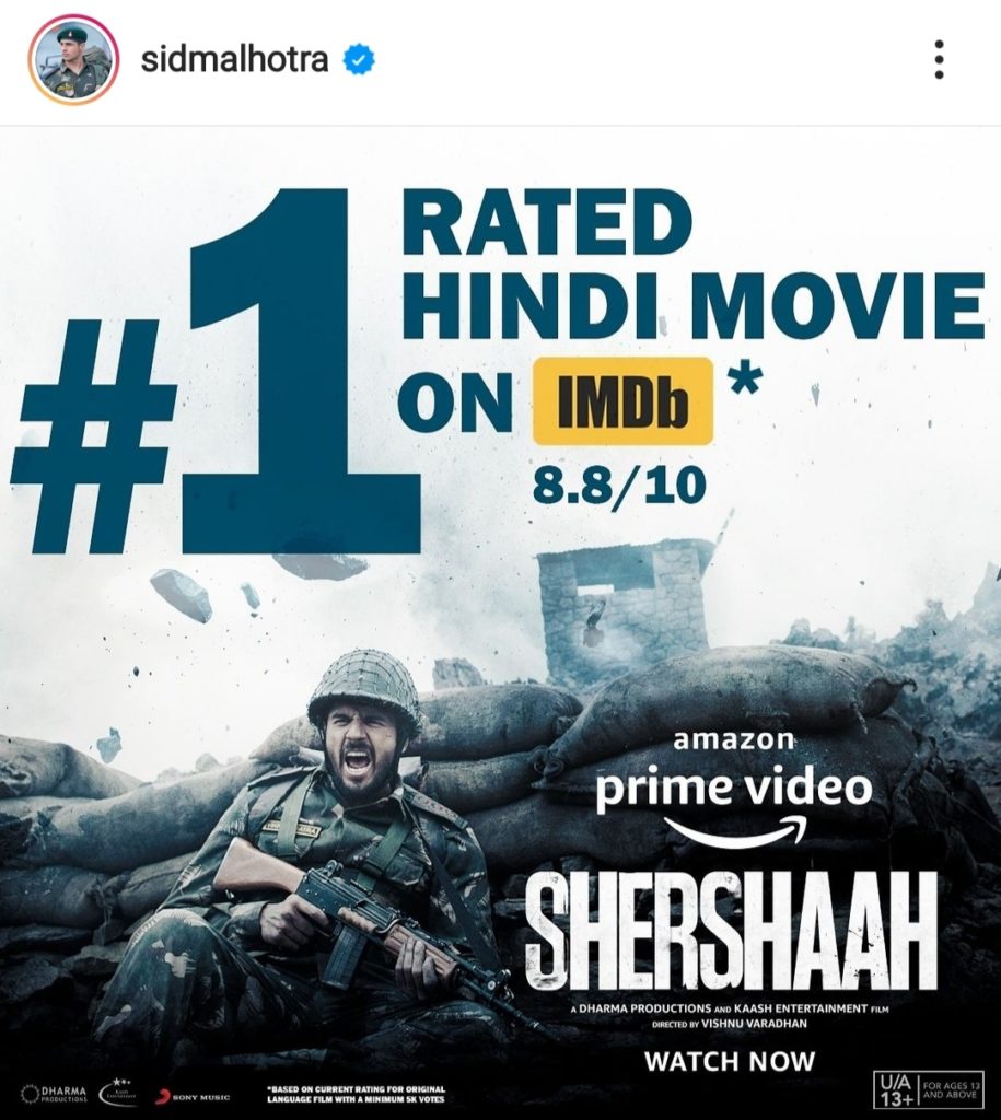 Sidharth update on instagram imdb top shershaah movie