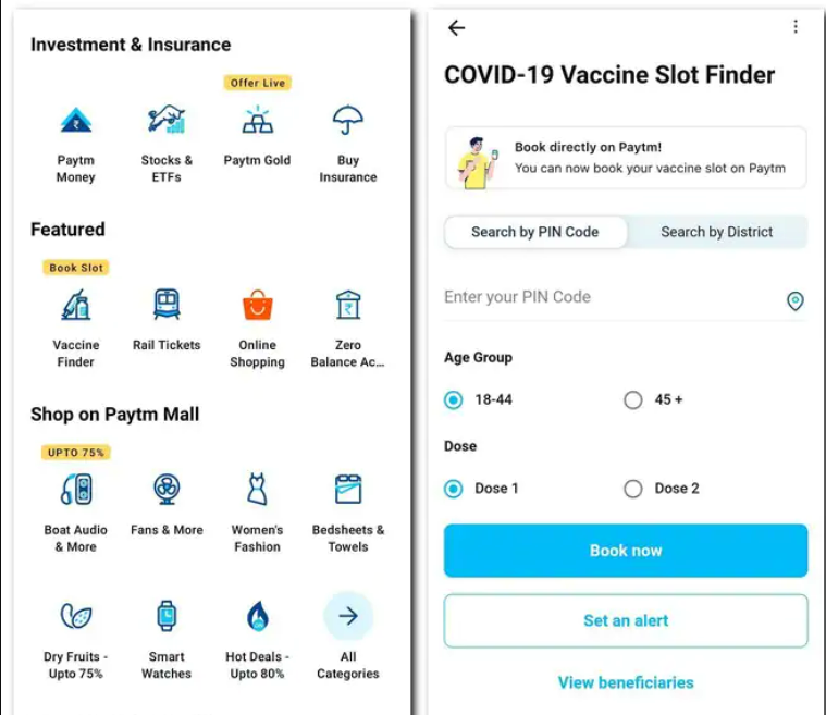 vaccine slot finder on paytm