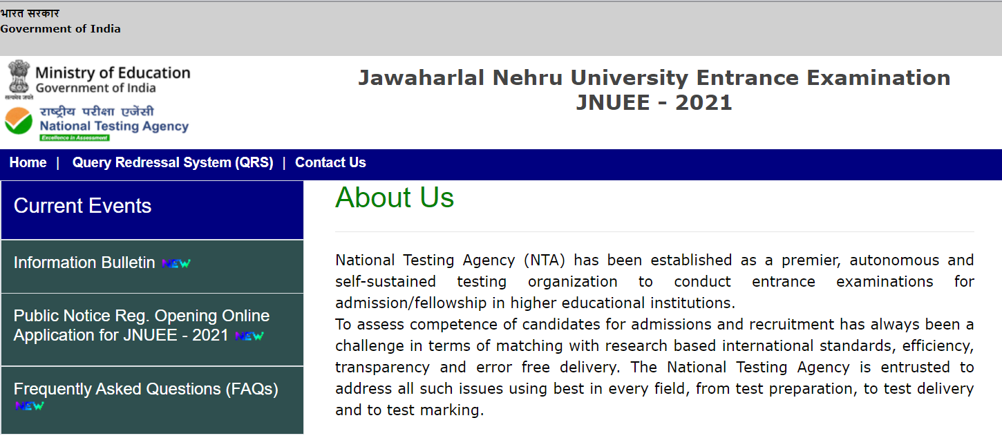 JNUEE 2021 Official website admission 2021