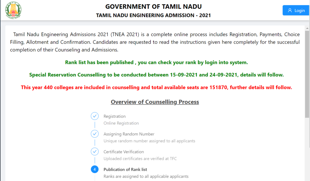 Admission for 2021 in TNEA Colleges