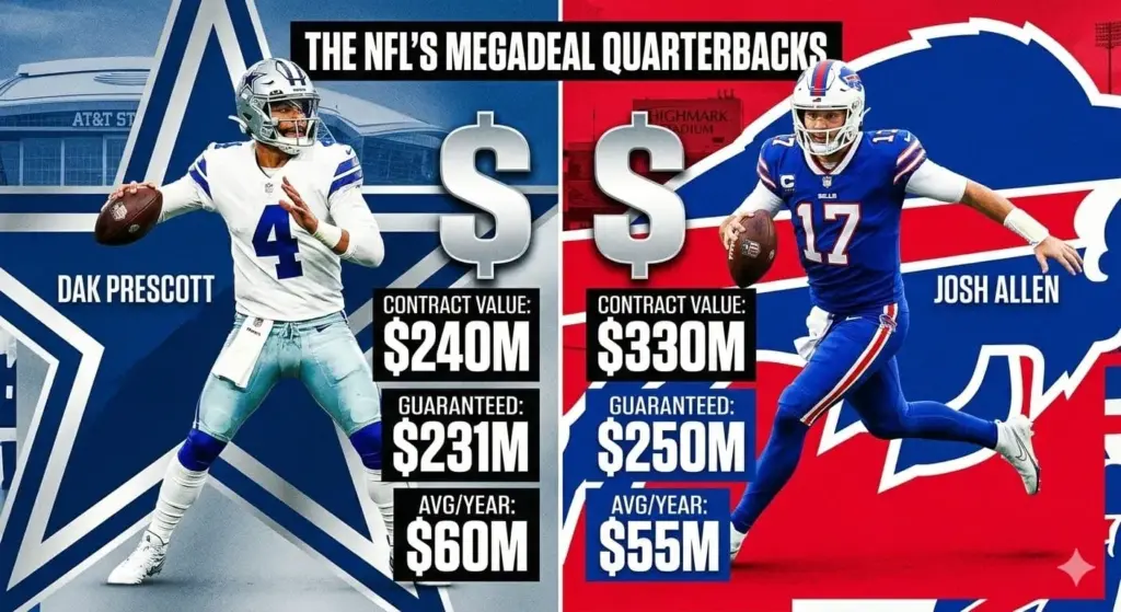 Dallas Cowboys uniform on the left and Josh Allen in Buffalo Bills uniform