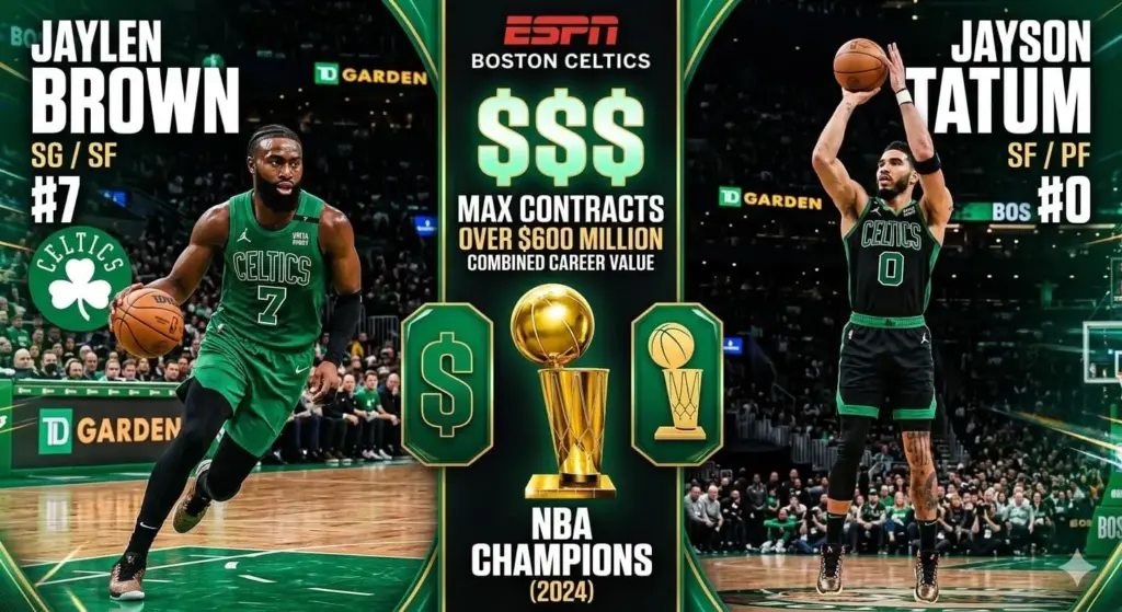 Jaylen Brown (#7) and Jayson Tatum (#0)