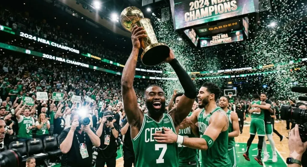 Jaylen Brown holding the NBA Championship trophy in 2024