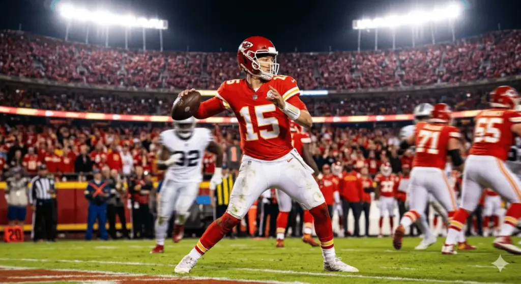Patrick Mahomes in his Kansas City Chiefs red jersey